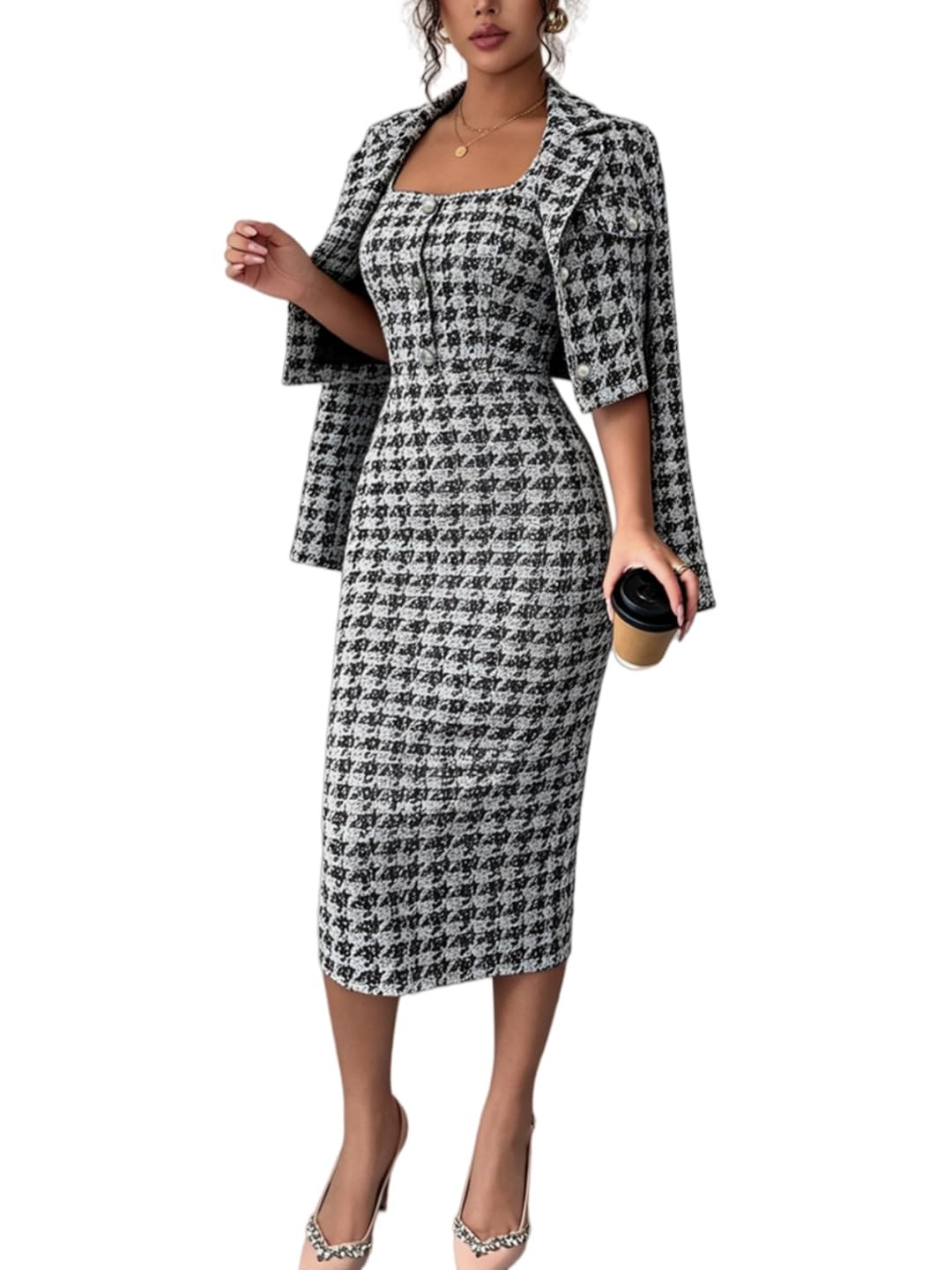 Zweiteiliges Tweed Outfit Für Damen Kurzer Blazer Und Figurbetontes Midikleid Elegantes Hahnentrittmuster Formelles Outfit Für Damen Ideal Für Hochzeiten Partys Und Büro