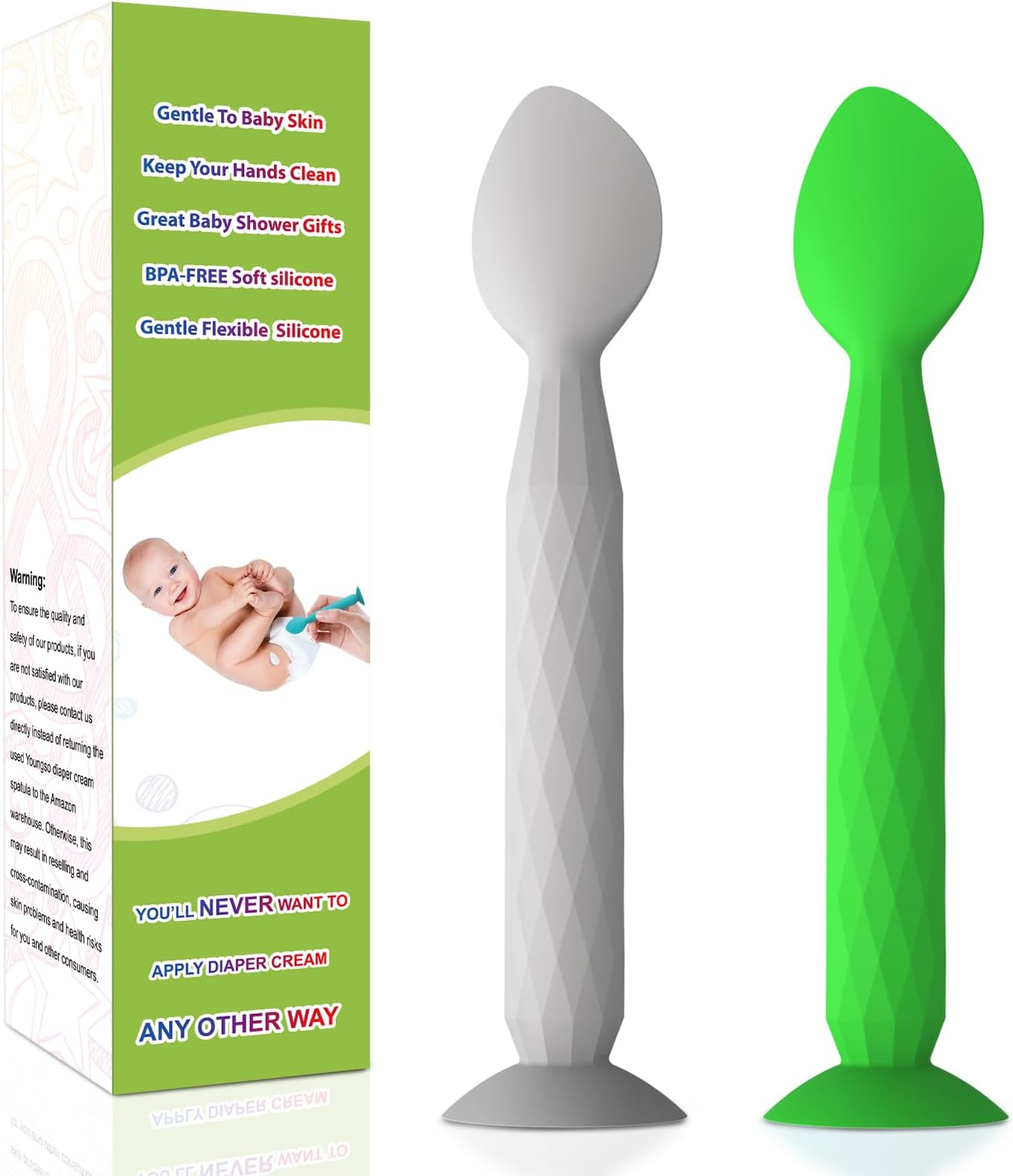 Youngso Diaper Cream Spatula - Diaper Cream Applicator with Suction Cup Base - Hygienic and Easy to Clean -Butt Spatula for Baby Essentials -Baby Shower Gifts - 2 Pack, Green & Gray