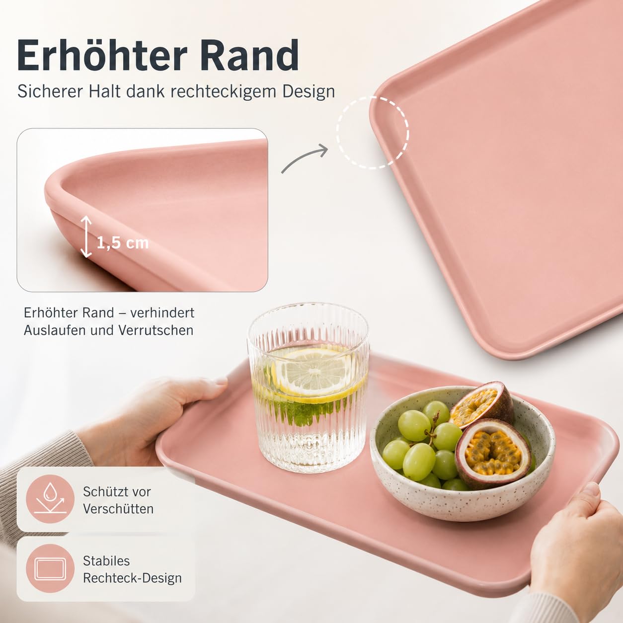 Lot de 24 plateaux de service jusqu'à 20 kg - Résistants aux températures - Passe au micro-ondes - Bord surélevé - Rectangulaire - Passe au lave-vaisselle - Pour cuisine, cantine, café (rose)