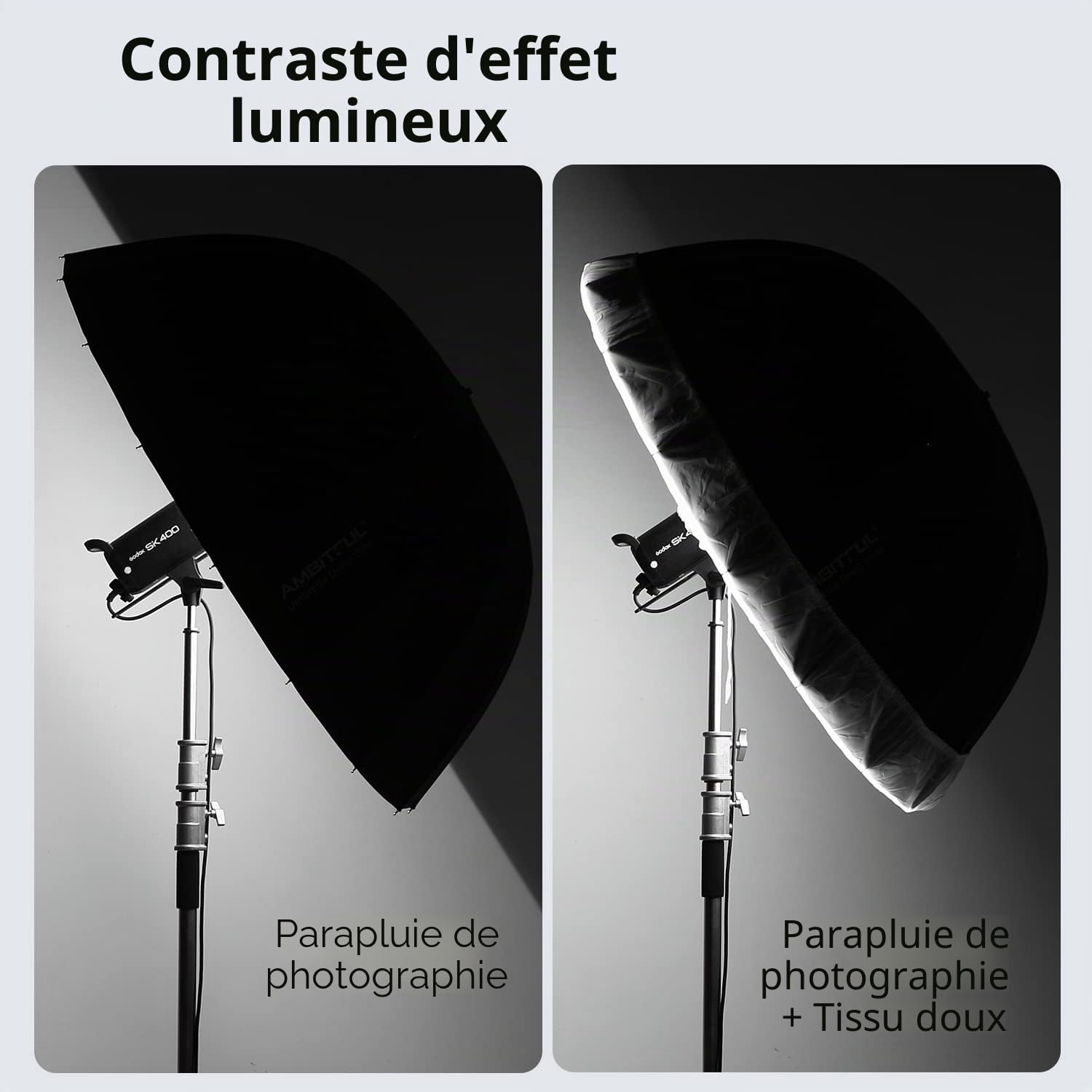 AMBITFUL UB-160W Parapluie intérieur parabolique 160 cm Blanc Reflec Parapluie de studio avec housse de diffuseur en tissu