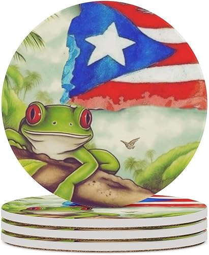 Miniatura 1 de Posavasos para bebidas, juego de 4 posavasos absorbentes de cerámica, base de corcho, bandera de Puerto Rico, tazas de rana, manteles para