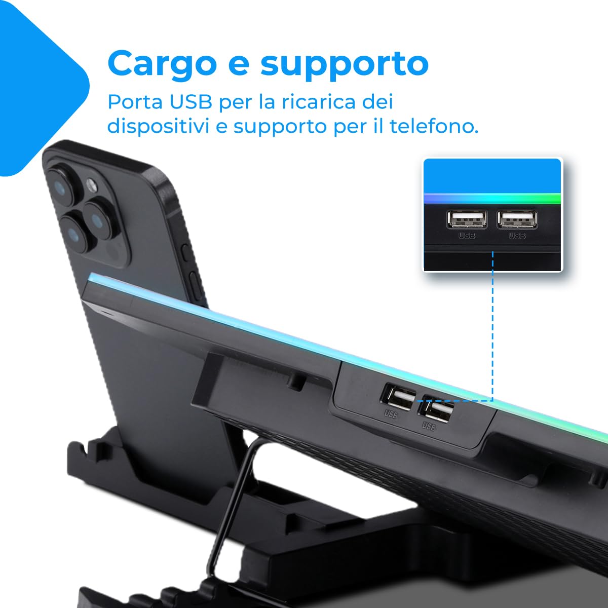 NK Base di raffreddamento portatile 17" LED RGB 6 ventole silenziose velocità regolabili 4 altezze regolabili USB telefono holder