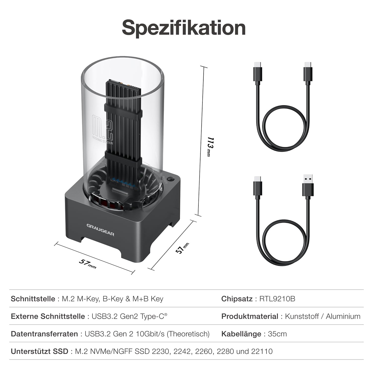 GRAUGEAR M2 SSD Docking Station für alle M.2 NVMe PCIe & NGFF SATA Festplatte [10Gbit/s Dock] USB3.2 Gen2 10Gbps I M.2 Externe Festplatten Dockingstation I SSD Festplatte Extern I Leise Lüfter Kühlung