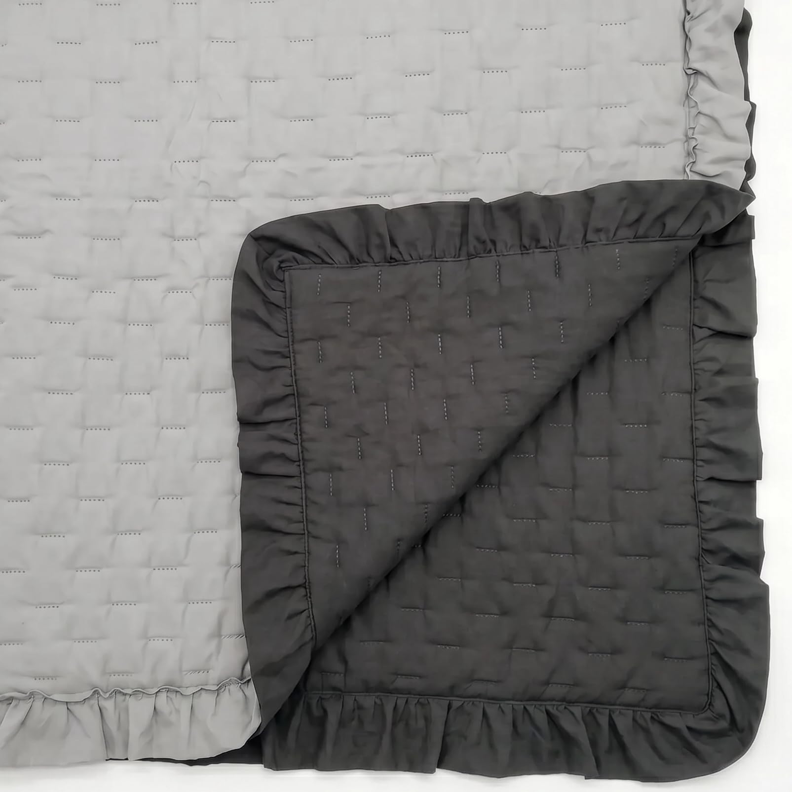 Riad Arredo Colcha de matrimonio de doble cara con volantes de primavera de verano suave microfibra – Colcha acolchada ligera elegante Shabby (gris/antracita)