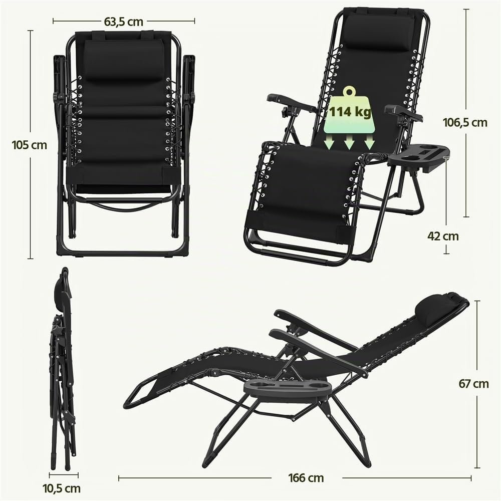 Yaheetech Sedie a Sdraio Pieghevoli a Gravità Zero con Vassoio Rimovibile Poltrona Relax per Piscina Giardino Esterno Spiaggia Nero