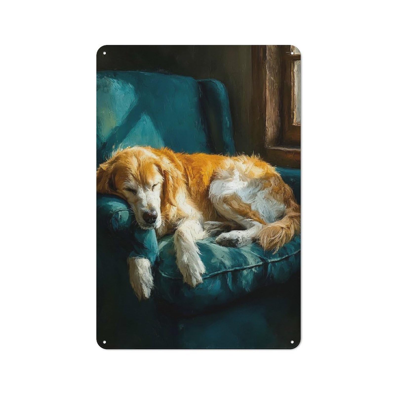 Junmoney Style-16 For Home Office Or Studio, Golden Retriever Dog Sleeping On Teal Armchair Rustic Tin Sign 30X20cm, For Vintage Wall Decor Fans, For Cafés, Pubs And Restaurants