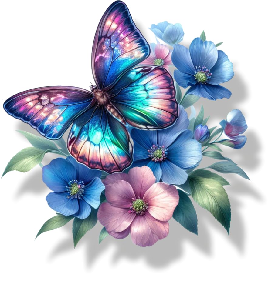 x4 Flower Vinyl Stickers Cover Marks Non Transparent Waterproof Floral Art Decals 1@ 20cm Tall Ideal for Toilets or car. 3@ 7cm Tall Ideal for Phone case Cups & Wine Glass (Butterfly neon Blue)