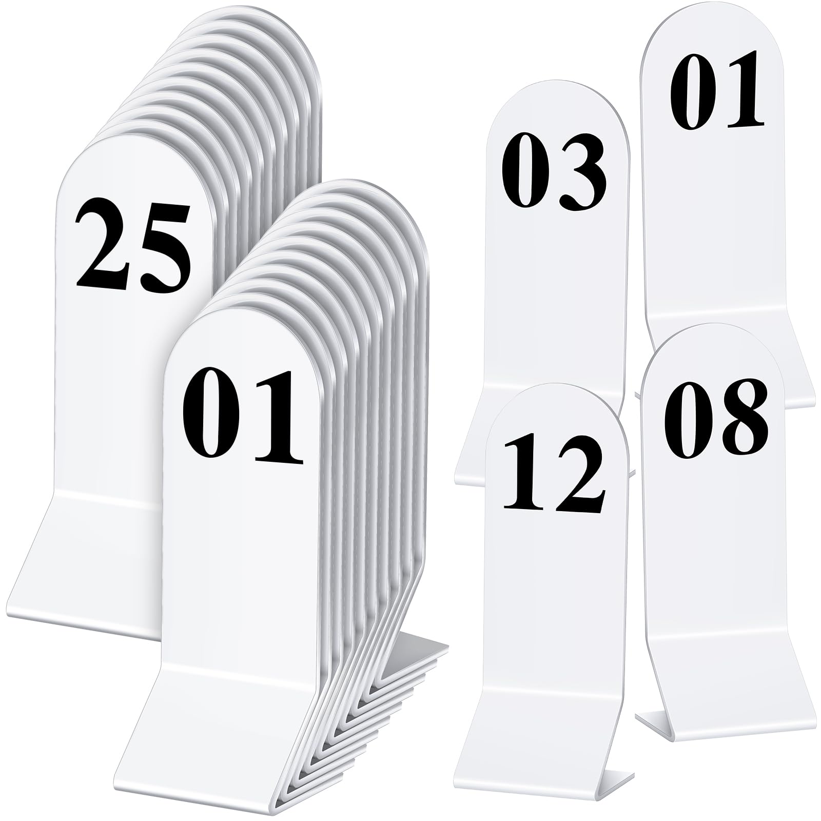 25 Pcs Acrylic Tent Table Numbers - Double Sided Cards, 2.36 x 6.3 Inch (White) for Restaurant, Cafes, Banquets, Weddings
