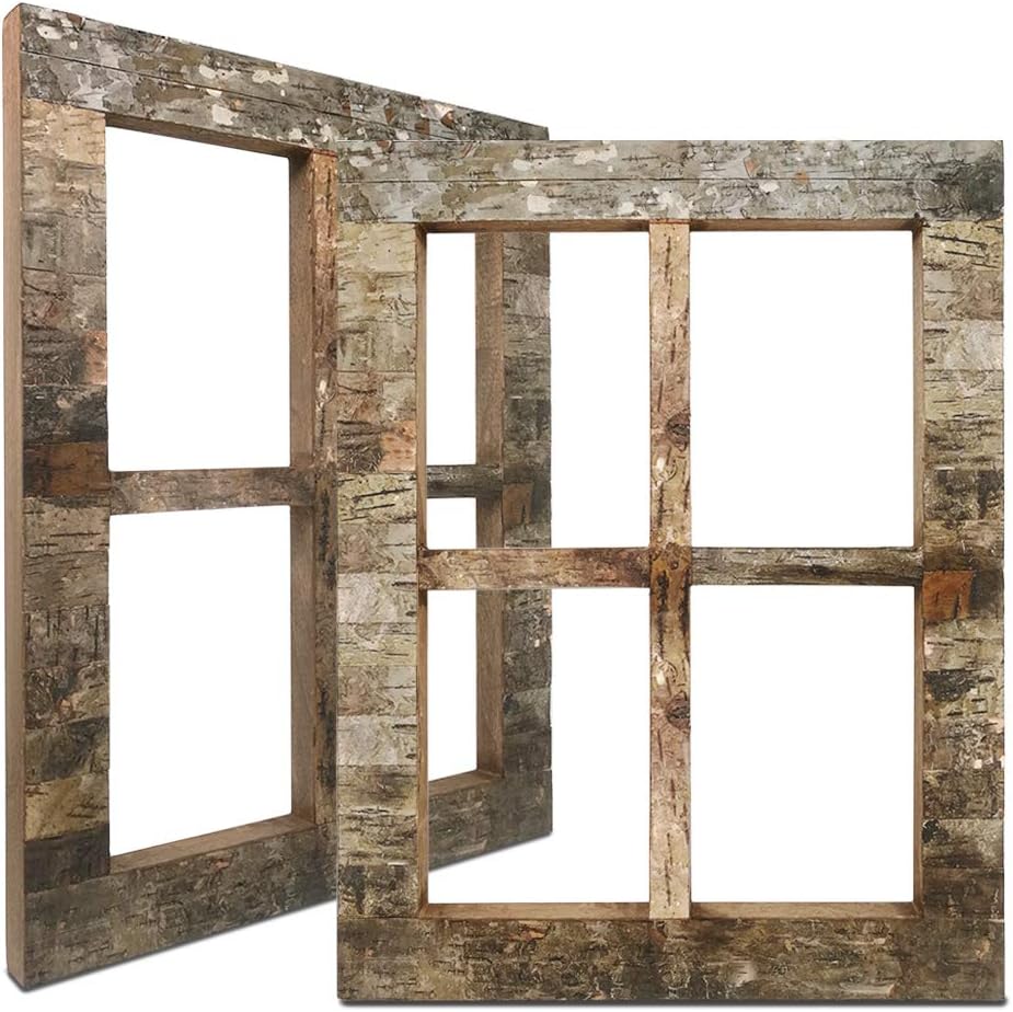 Eosglac Rustic Window Frames Birch Bark Wall Decor, Farmhouse Wood Pane Decorations for Living Room Bedroom Bathroom Indoor or Outdoor, 13x16.7 inch Set of 2