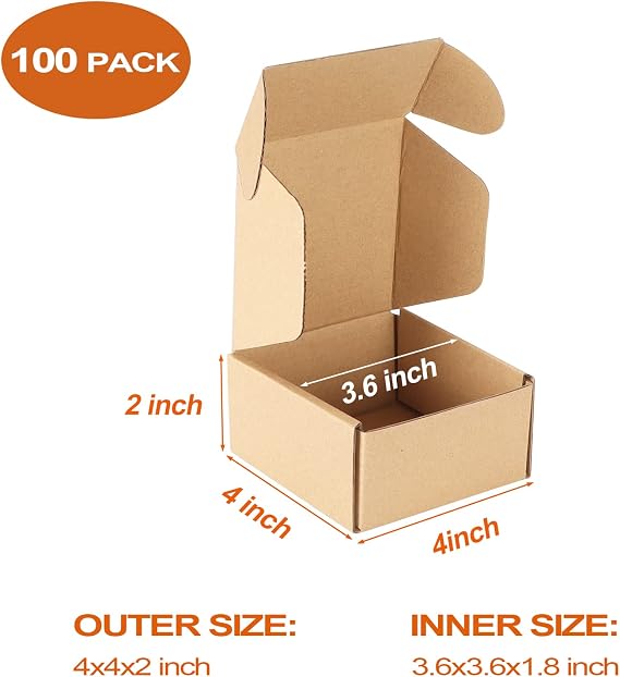 PHAREGE 4x4x2 inch Shipping Boxes 100 Pack, Brown Cardboard Gift Boxes with Lids for Wrapping Giving Women Men Presents, Small Corrugated Mailer Boxes for Packaging Mailing Small Business