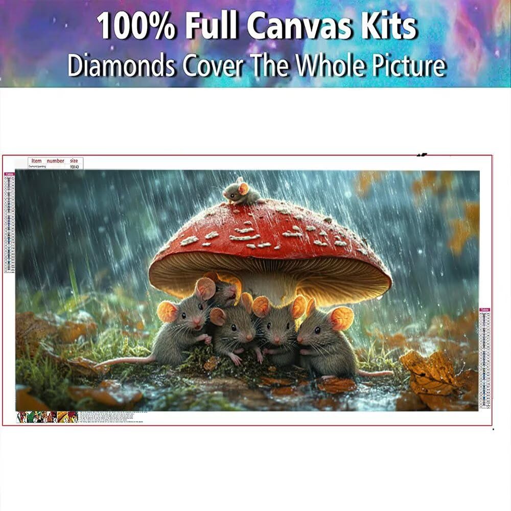 5D Art du Diamant Complet Kits XXL, Souris Champignons Ronde Diamond Peinture de Cristal DIY Art Des Pierres Précieuses，Adultes Pour Décoration Maison, Cadeaux créatifs 70x140cm KH5Y-445