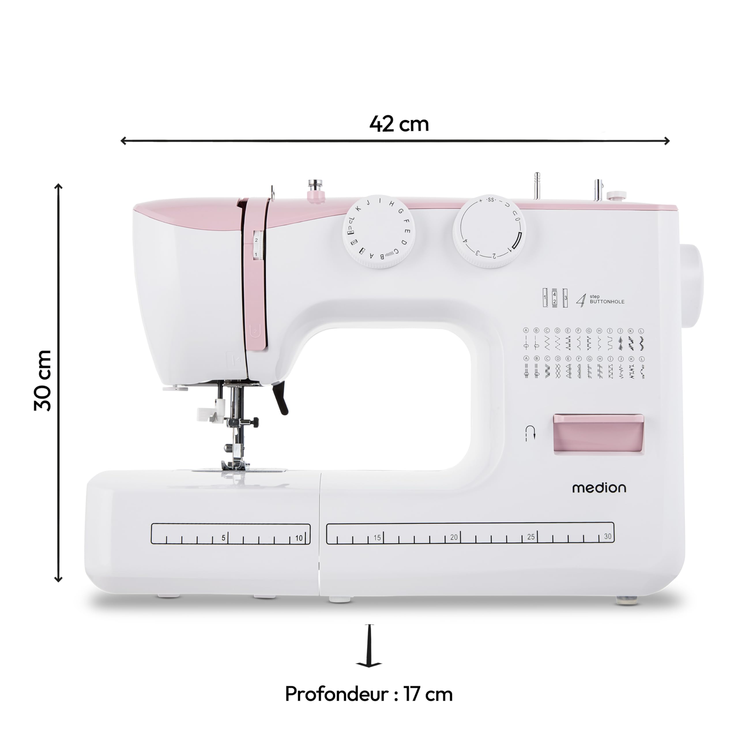 MEDION Machine à coudre bras libre SM60 (60 watts, 60 modèles de points différents avec boutonnières, lumière de couture LED, enfileur automatique, bouton de marche arrière, coupe-fil, MD10689) rose
