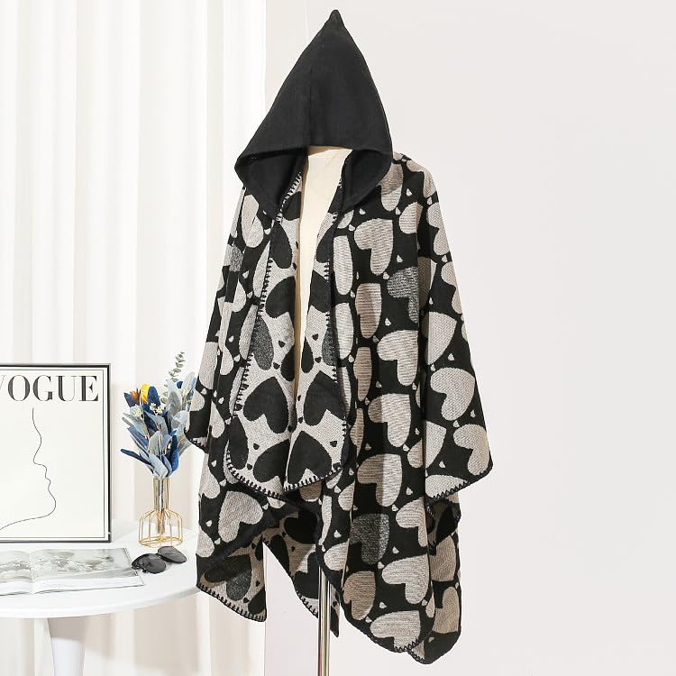 JOAU Women's Hooded Shawl Wraps Open Front Travel Poncho Cape Warm Oversized Heart Graphic Sweaters Scarves Cardigan Shawls2