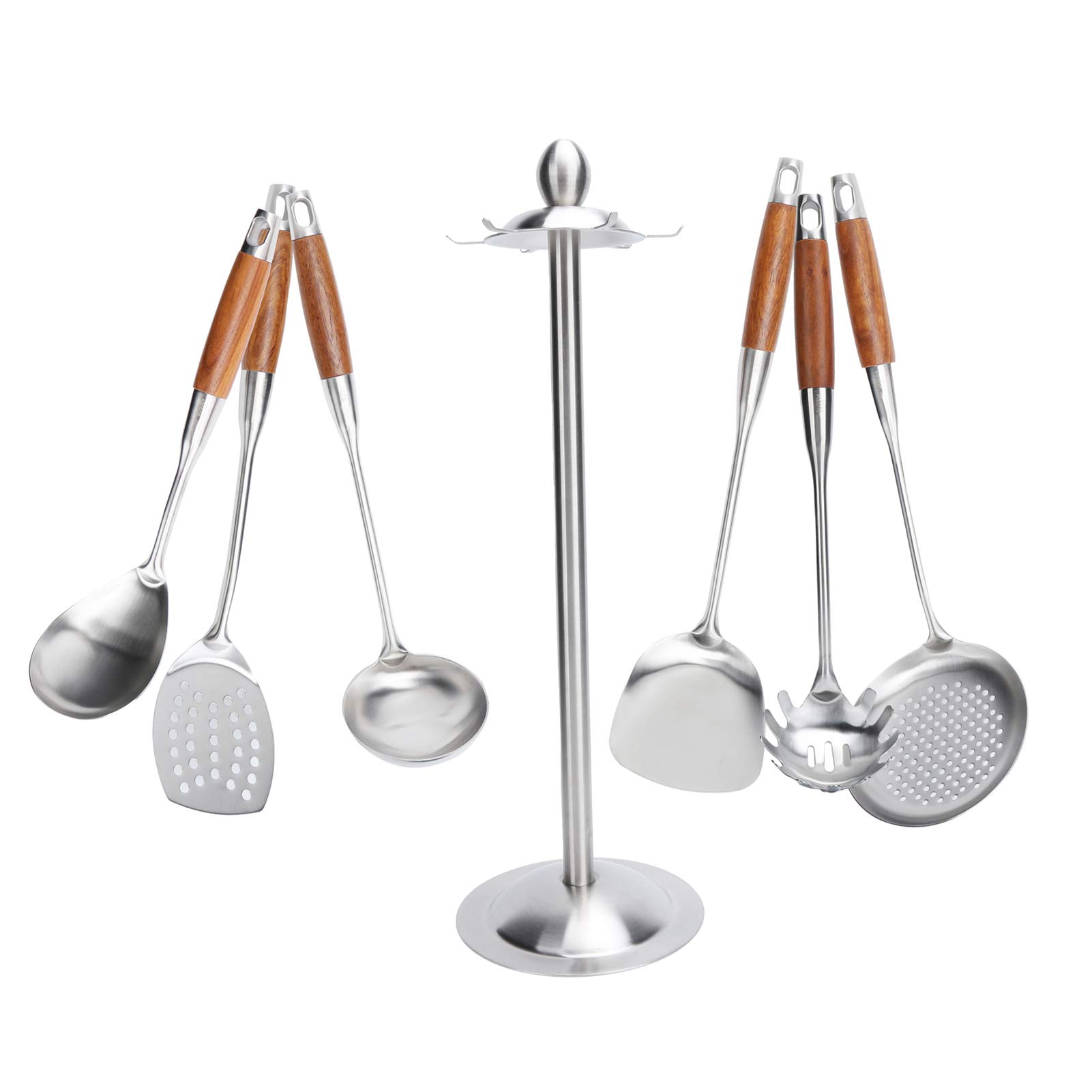 Juego de Espátula de Cocina de Acero Inoxidable 304 con de Madera para Utensilios para Cocinar y Freír, 7 Piezas