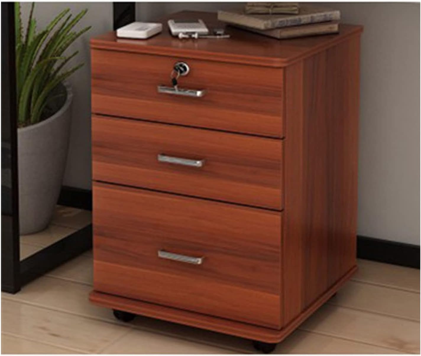 3 Drawer Wooden Office Cabinet File Storage Cabinet with Lock Floor Stand Wheel Design Movable File Organizer Office Supplies Filing Cabinet (Color : Brass) (1)
