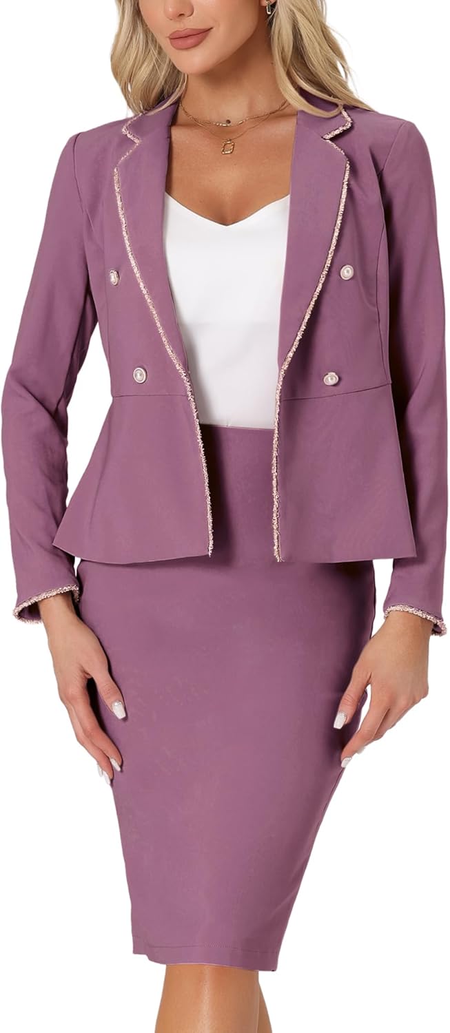 Allegra K Women's 2 Piece Skirt Sets Tweed Trim Long Sleeve Blazer Pencil Skirt Business Suits Work Outfits