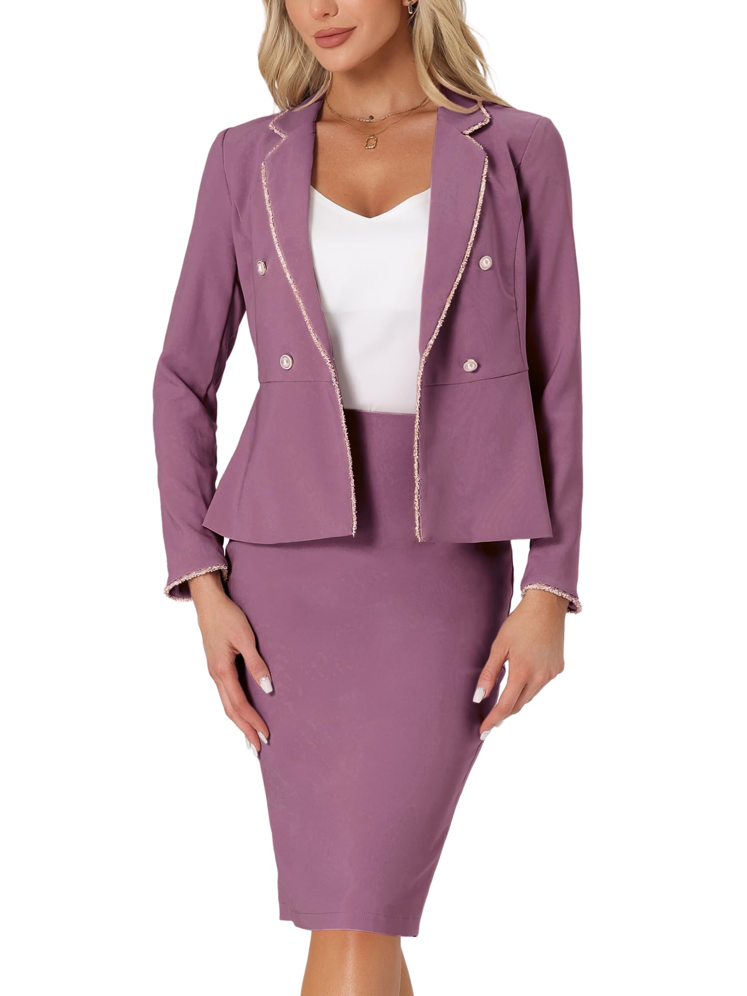 allegra k Women's 2 Piece Skirt Sets Business Casual Outfits Professional Work Long Sleeve Blazer Pencil Skirt Suit, Purple, Small-picture-54