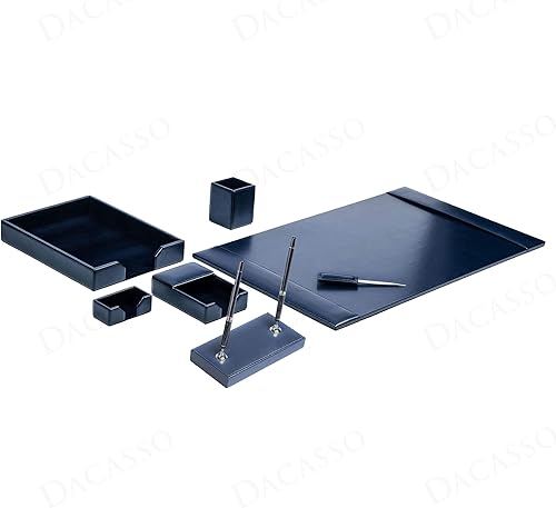 Miniatura 6 de Dacasso Juego de escritorio de lujo de 7 piezas de cuero azul marino, almohadilla secante y elementos esenciales para la organización del