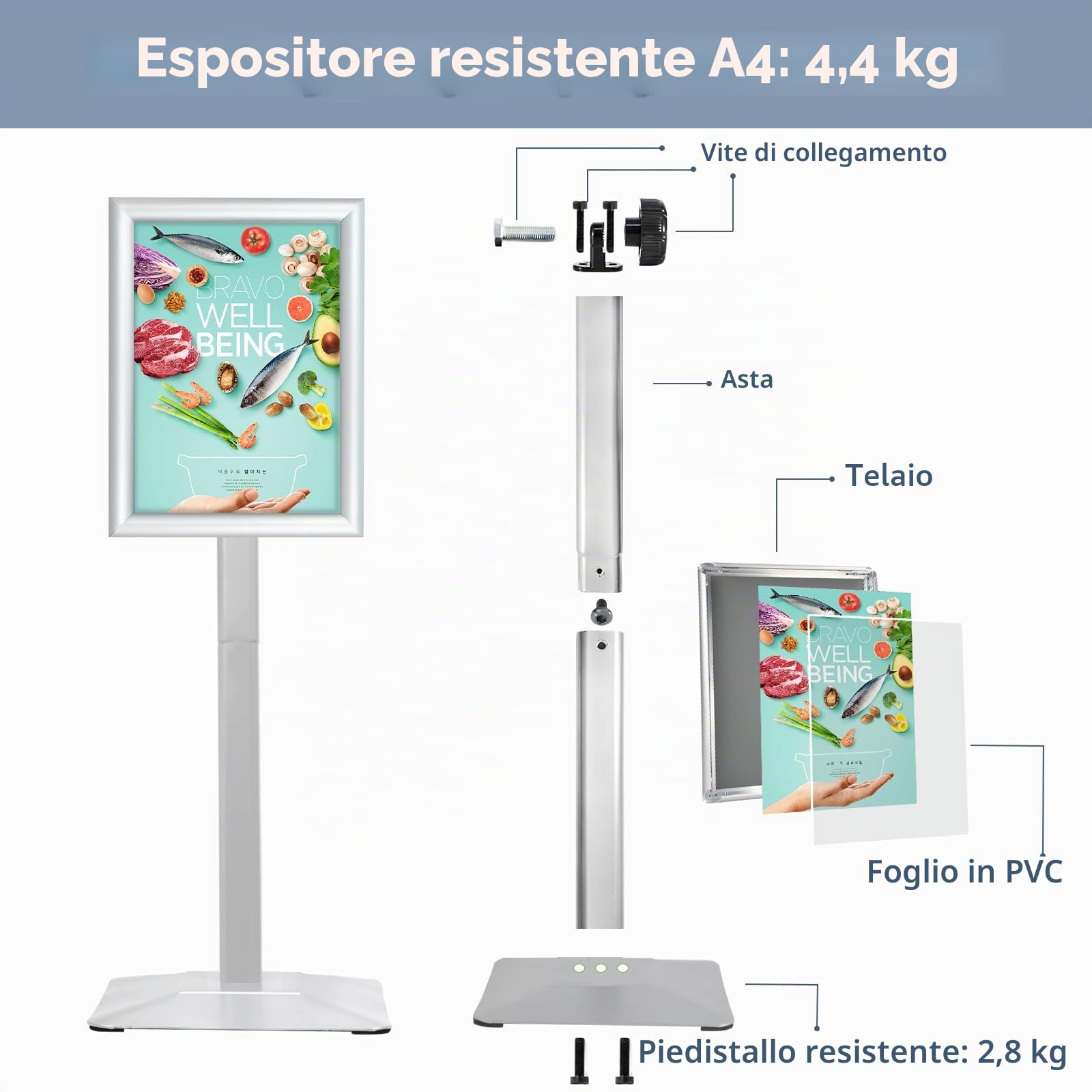 Espositore A4 Supporto per supporto per segnaletica per impieghi gravosi Cartello da pavimento, espositore per poster Cartelli in alluminio con e piedistallo per impieghi gravosi, argento
