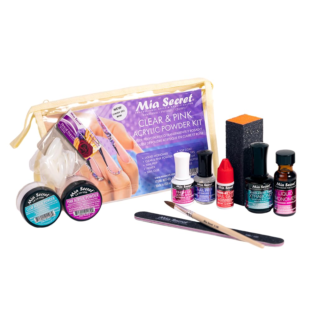 Mia Secret Acrylic Nail Kit/set For beginners - Nails Kit With Pink Acrylic Powder and Clear Acrylic Powder With Everything - Starter Kit de Uñas Acrilicas Mia Secret - Uñas Completo
