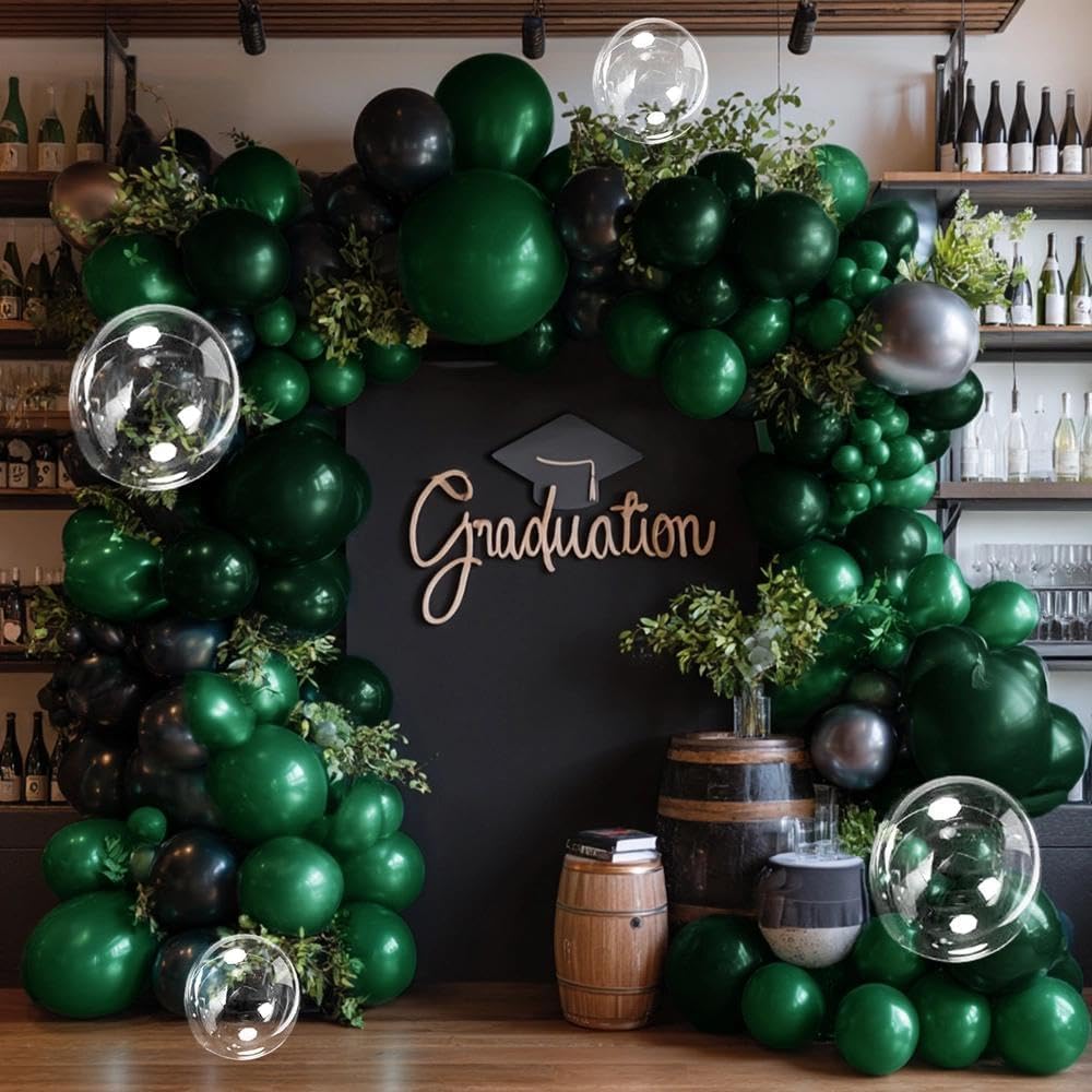 Black Green Balloon Garland Double Stuffed Dark Emerald Green Balloons Clear Bobo Metallic Black Balloon Arch Kit for Graduation Baby Shower Birthday Bridal Shower Graduation Party Decorations