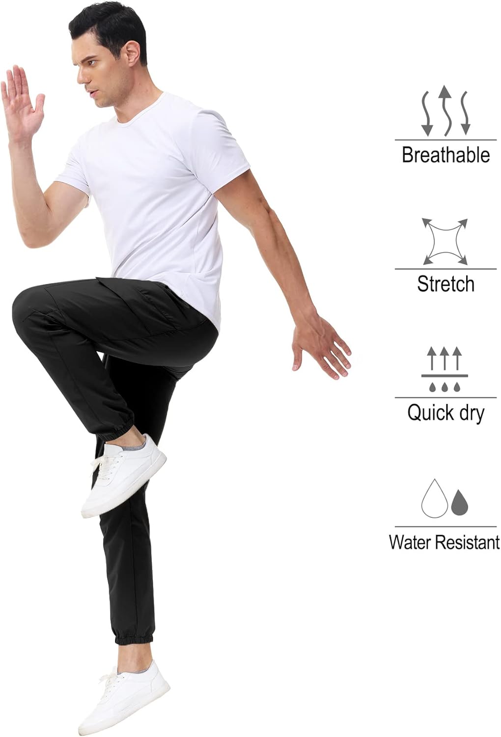 LUSHENUNI Men's Hiking Cargo Jogging Pants, Golf Pants Slim Fit with Zip Pockets for Travel Hiking (XL, Black)