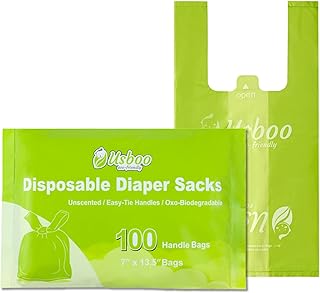 USBOO Biodegradable Disposable Diaper Bags, 100 Count, 10 Ounce Capacity, Easy-Tie Handles, Convenient and Eco-Friendly