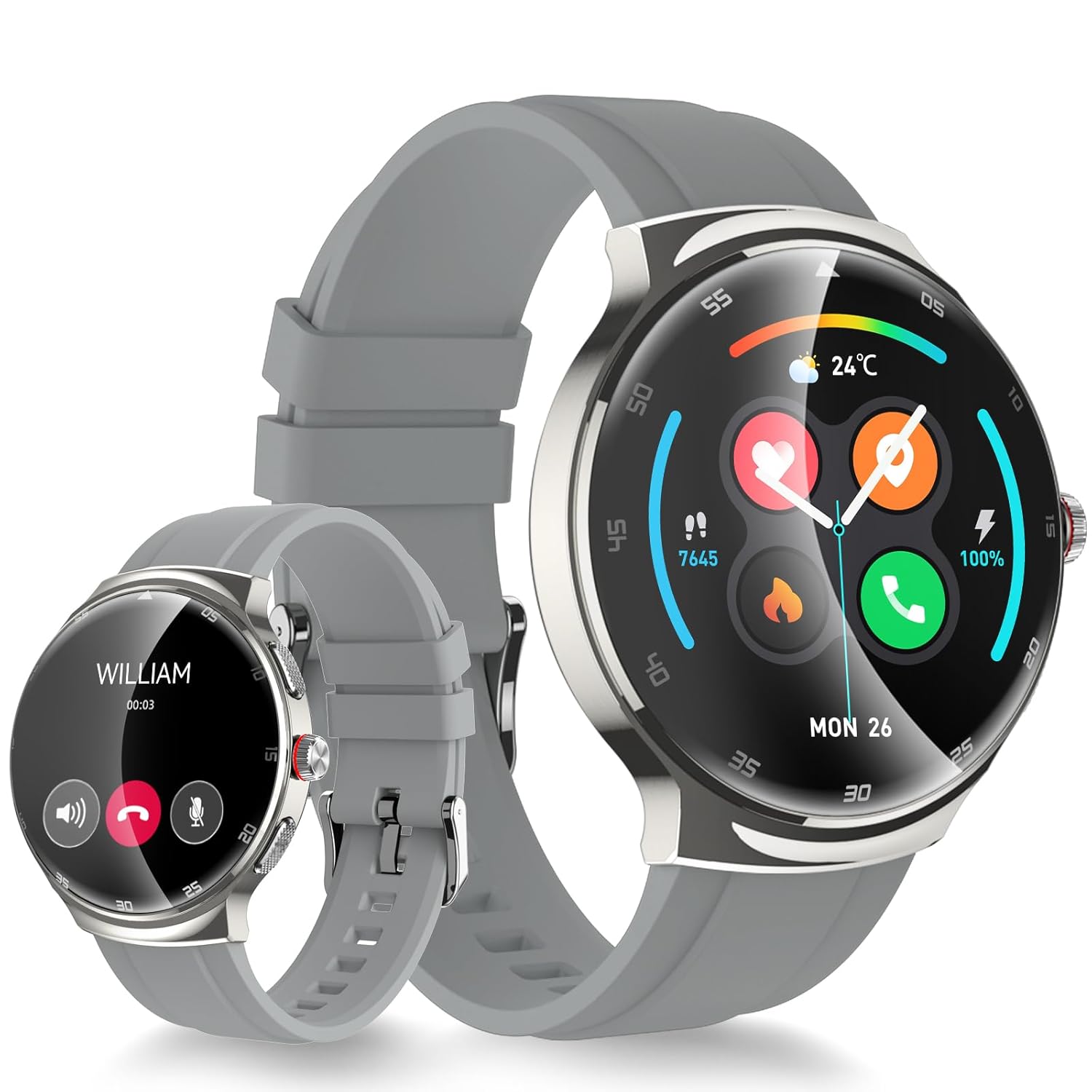 Smart Watch for Men Women, 1.43″ Curved AMOLED HD Screen Fitness Tracker, 100+ Sport Modes, Heart Rate Sleep Monitor, Pedometer, Smartwatch for Android & iOS Compatible (Gray)