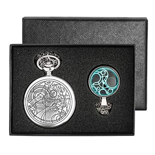YISUYA Silver Smooth Doctor Who Pocket Watch with Glass Dome Dr. Who Necklace Chain Gift Box