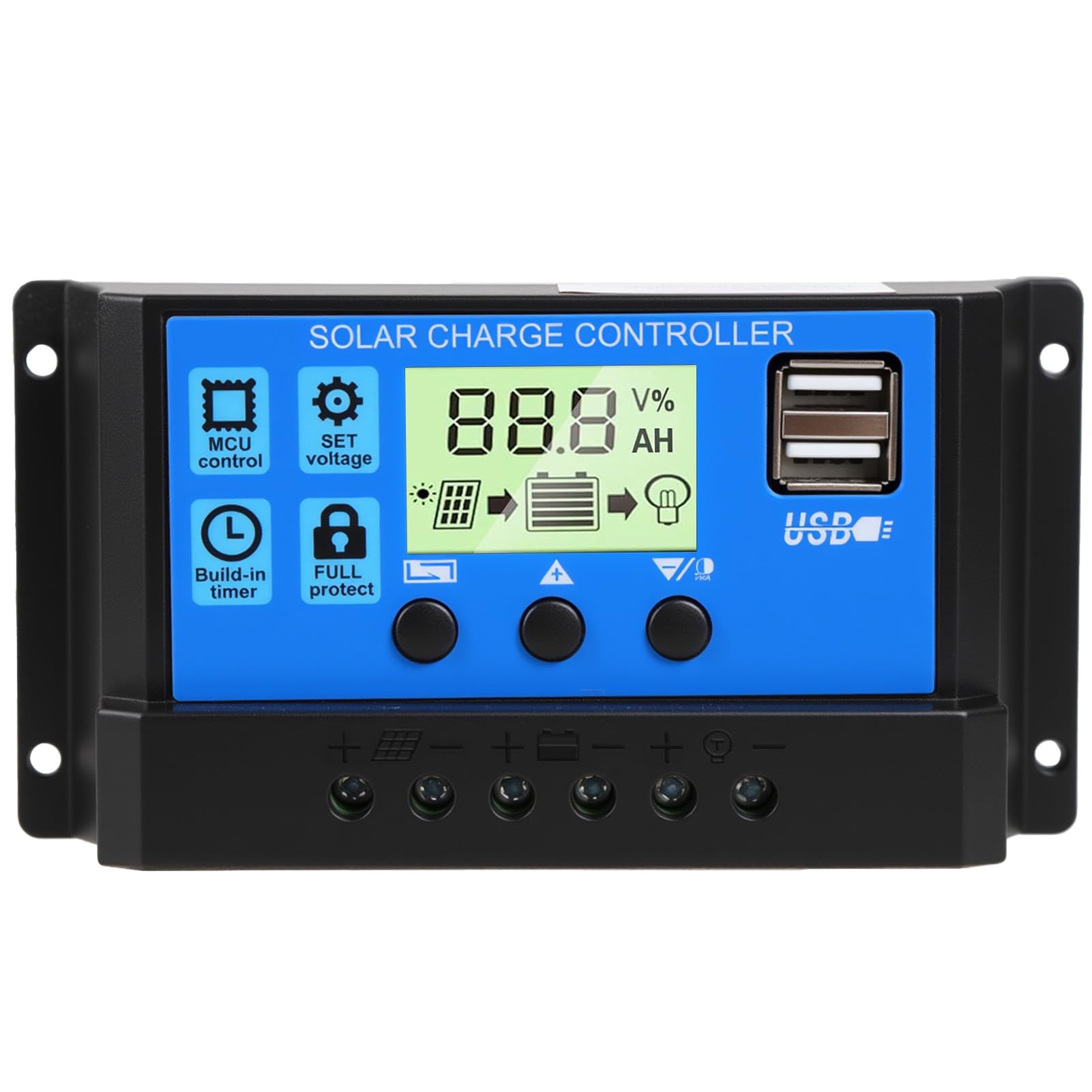 30A PWM Regulateur de Charge Solaire, 12V/24V Contrôleur de Charge, Régulateur Solaire avec Écran Lcd Réglable, 5V 2 Port Usb, Paramètre Automatique, Regulateur de Charge pour Acide de Plomb