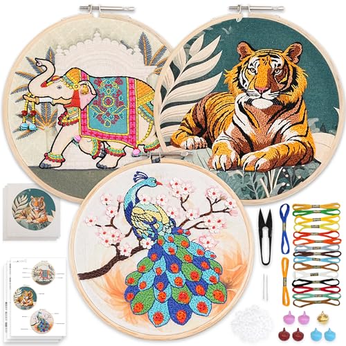 Image of picknMAKE Combo of 3 Full DIY Hand Embroidery Kits for Beginners | New Hobby Kit for Adults & Kids | Pre-Printed Fabric Panels with Threads, Needles, Hoop, Sequins & Instruction Guide