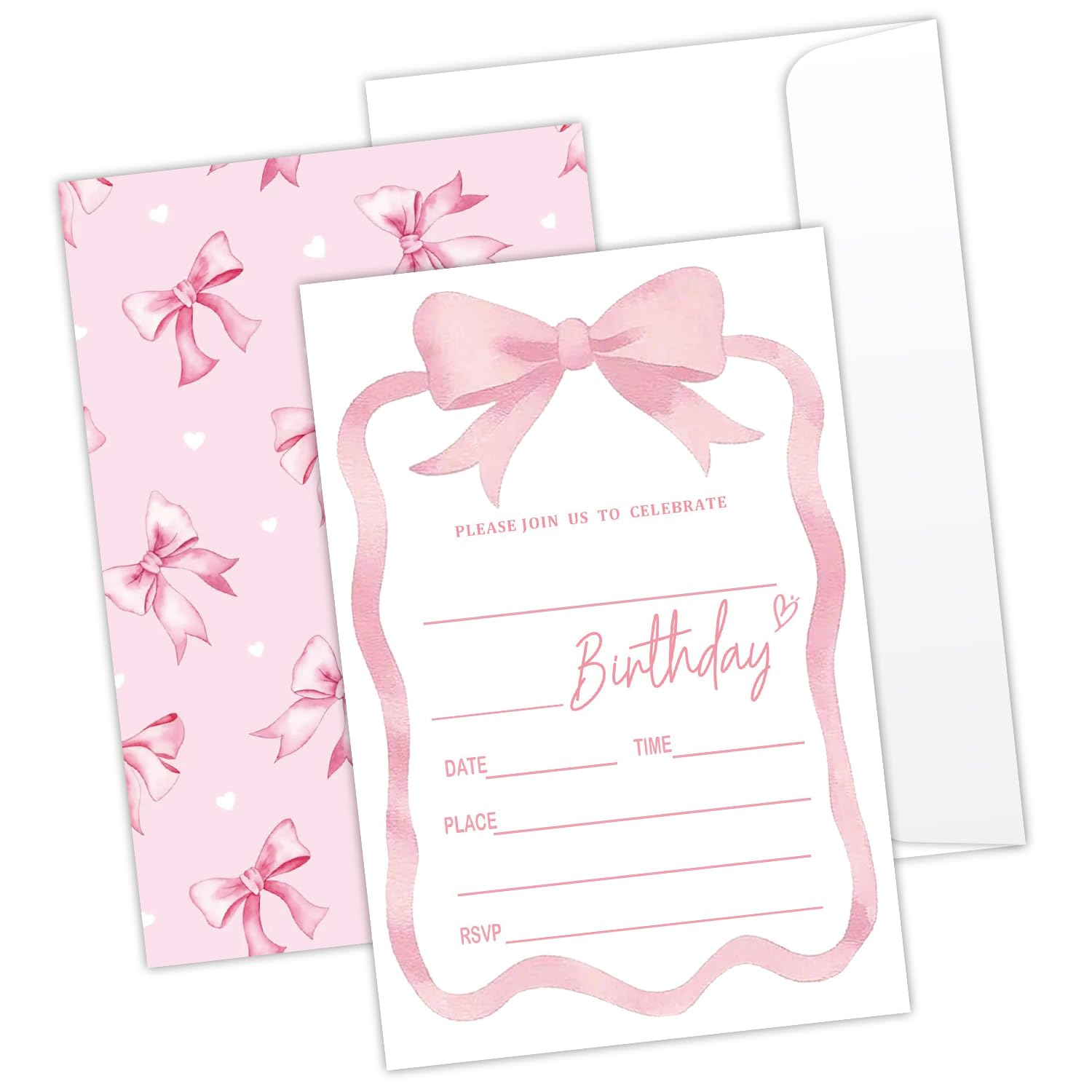Pink Bow Birthday Invites Cards Party Invitation Cards for Girls Kids Adults Party Invitations 4x6 Inch Blank Invitations with Envelopes 20 Pcs Double