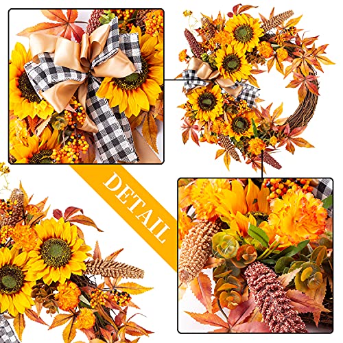 Wanna-Cul 16 Inch Fall Wreath Decor For Front Door With Sunflowers, Grains, Maple Leaves, Berries And Orange Carnations thumb #3