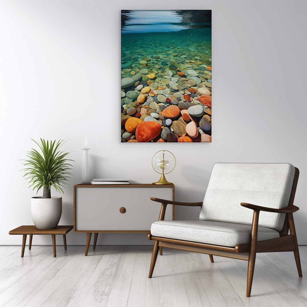Canvas for Living room. Riverscape Serenity - The Dance of Multi-hued Pebbles Beneath Crystal Waters, 27 x 18 inch Canvas Wall Art - Contemporary Masterpieces - Modern Home Decor