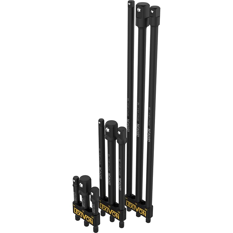 Kit de Adaptadores de Soquete para Impacto LEXIVON LX-106 com Haste Hexagonal de 6,35 mm e Extensões de 7,6, 15,2 e 30,5 cm, Acionamentos de 1/4, 3/8 e 1/2 pol., 9 peças