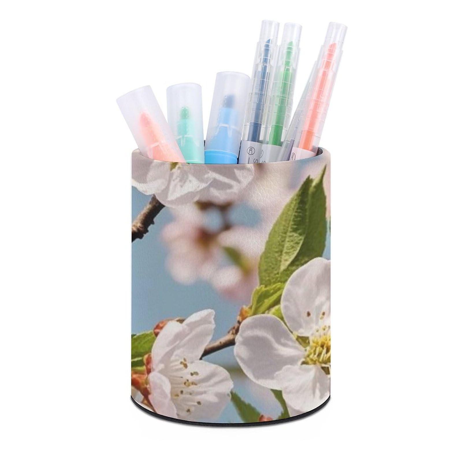 FekiLoot PU Leather Round Pen Holder Japanese Floral Cherry Blossom Pencil Holder Desk Organizer Pen Organizer Pen Cup Pencil Cup Caddy Desktop Stationery Organizers for Office Home Supplies