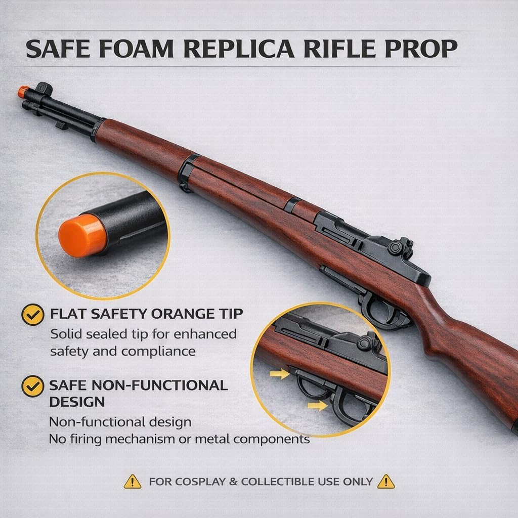 Full Size 43.5" WWII Style Foam M1 Rifle Prop – Wood Texture, Lightweight Non-Functional Military Cosplay Display for Adults
