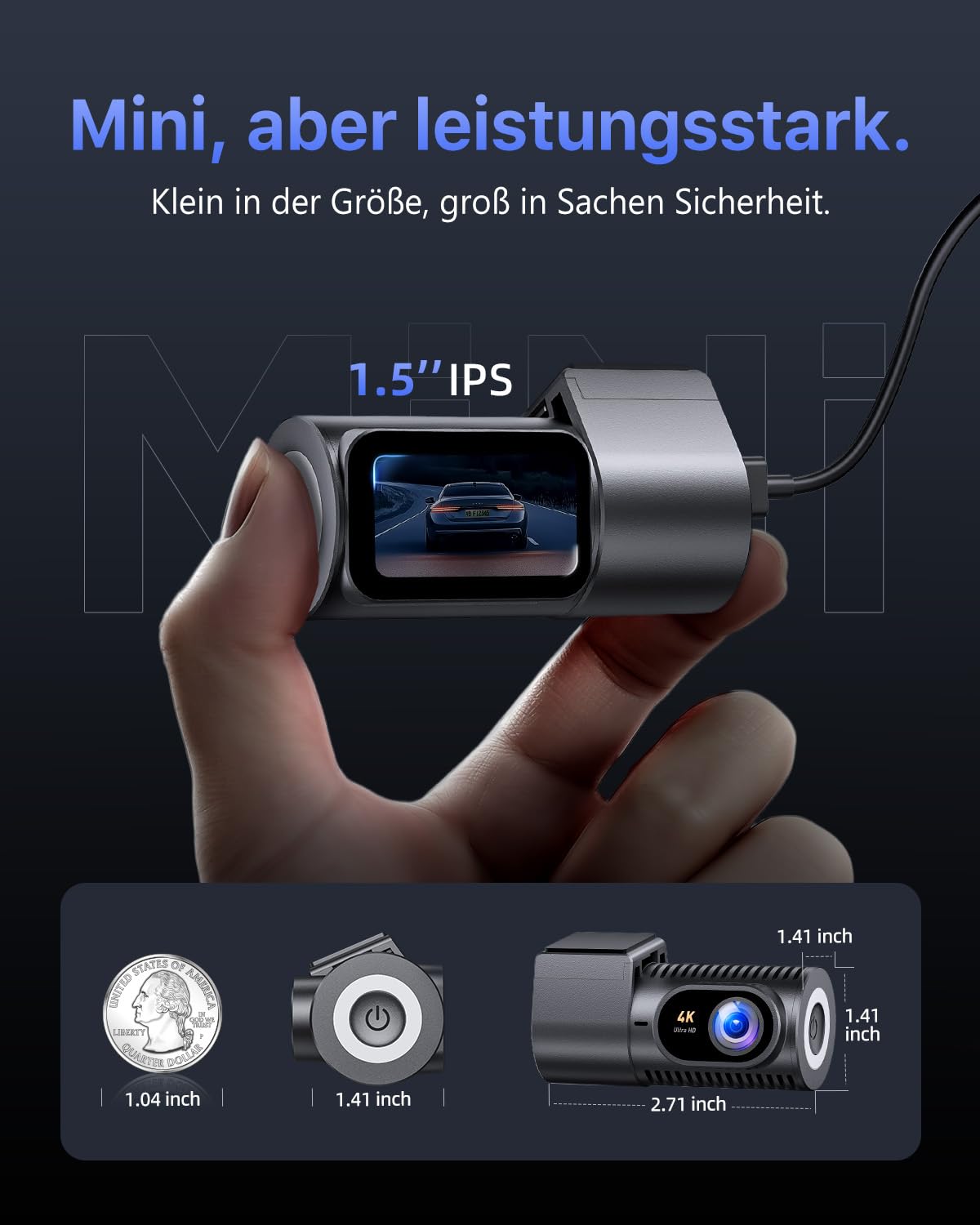 Dashcam Auto Vorne 4K, 1,5" IPS Display, 5G WiFi, 360° Drehbar, WDR Nachtsicht, 24/7 Parküberwachung, G-Sensor, 170° Weitwinkel