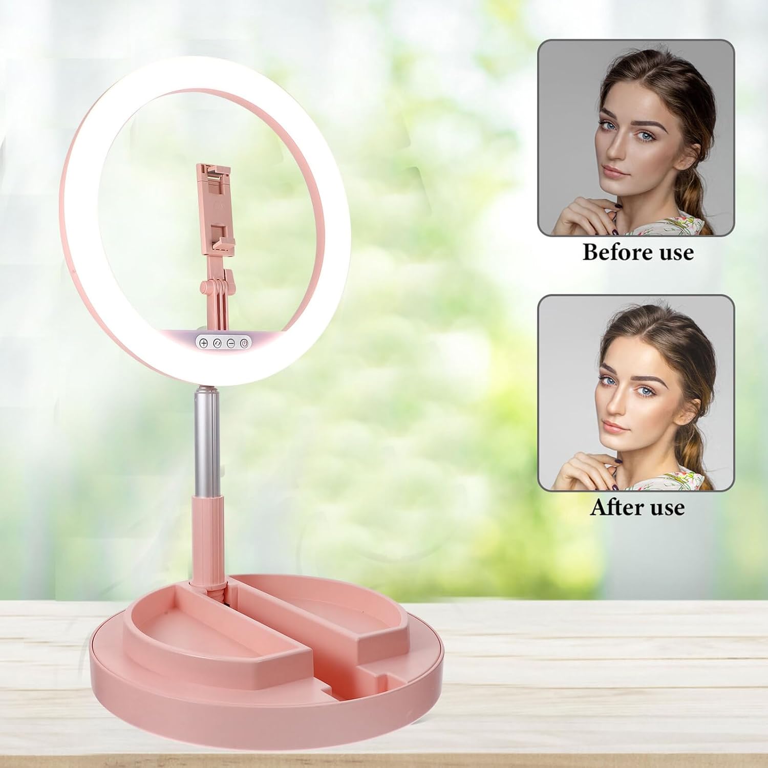 Operitacx Portable Folding LED Ring Light with Adjustable Three-Color Dimmable Beauty Lamp and Mobile Phone Bracket for Live Streaming and Video Calls, Pink, USB Powered