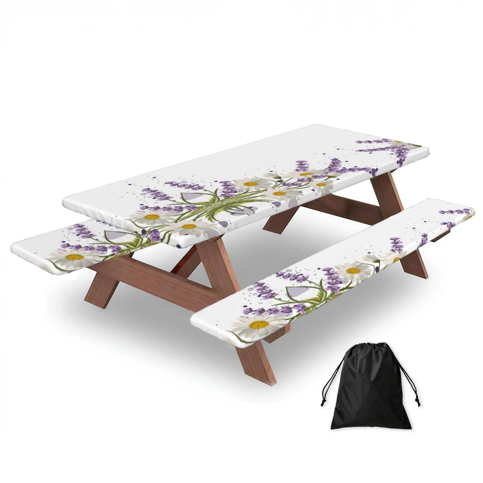 Zyjhyy Black Lavender And Daisies Print 3 Pack Wipeable Picnic Bench Cover And Table Cover Lightweight Table Cloth For Camping Outdoor