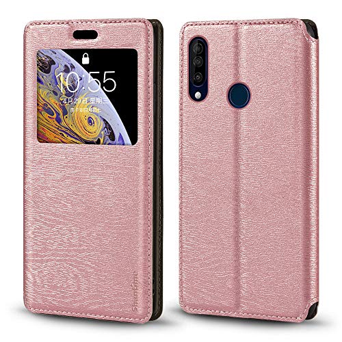 Coque à Rabat en Cuir PU avec Fenêtre Visible et Aimant Invisible Compatible avec Wiko View 3, Étui Intelligent à Affichage Clair (Or Rose)