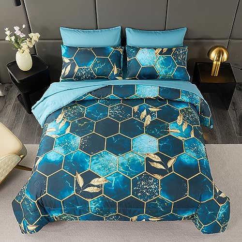 Juego de edredón hexagonal turquesa y dorado con ropa de cama de 7 piezas 3