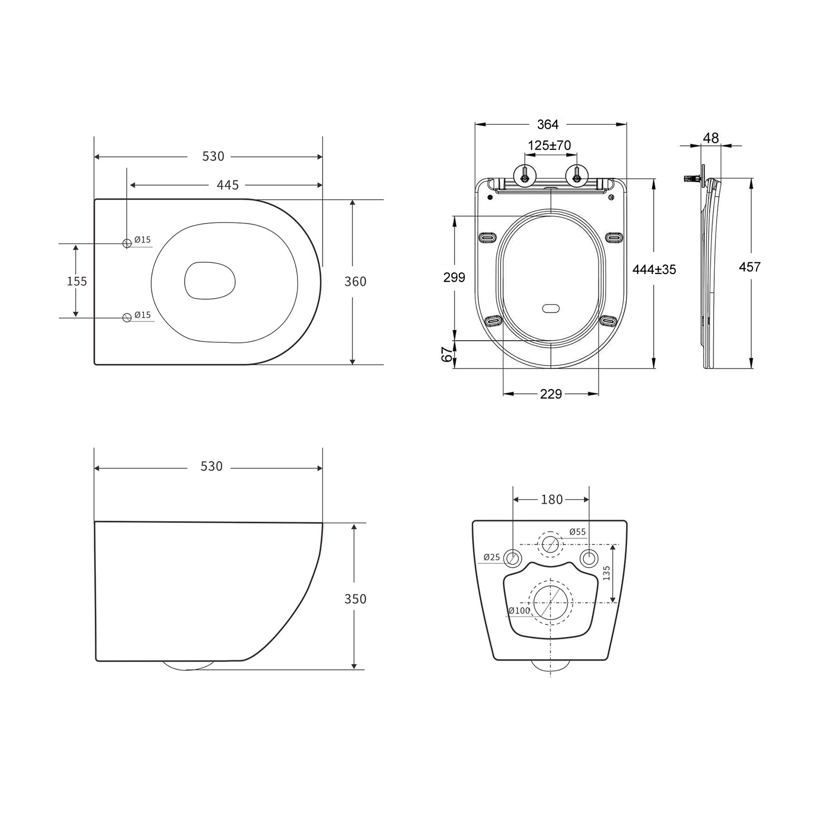 WC con ugello integrato, WC sospeso con funzione bidet, WC con rivestimento nano-rivestimento, WC con rubinetto, sedile WC con abbassamento automatico, 53 x 36 x 35 cm