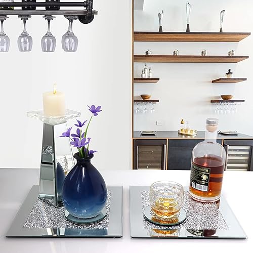 Vista 15 de GIMORRTO Posavasos de cristal con espejo de 8 piezas, taza cuadrada de diamante triturado de 4 pulgadas, decoración en la mesa para bar