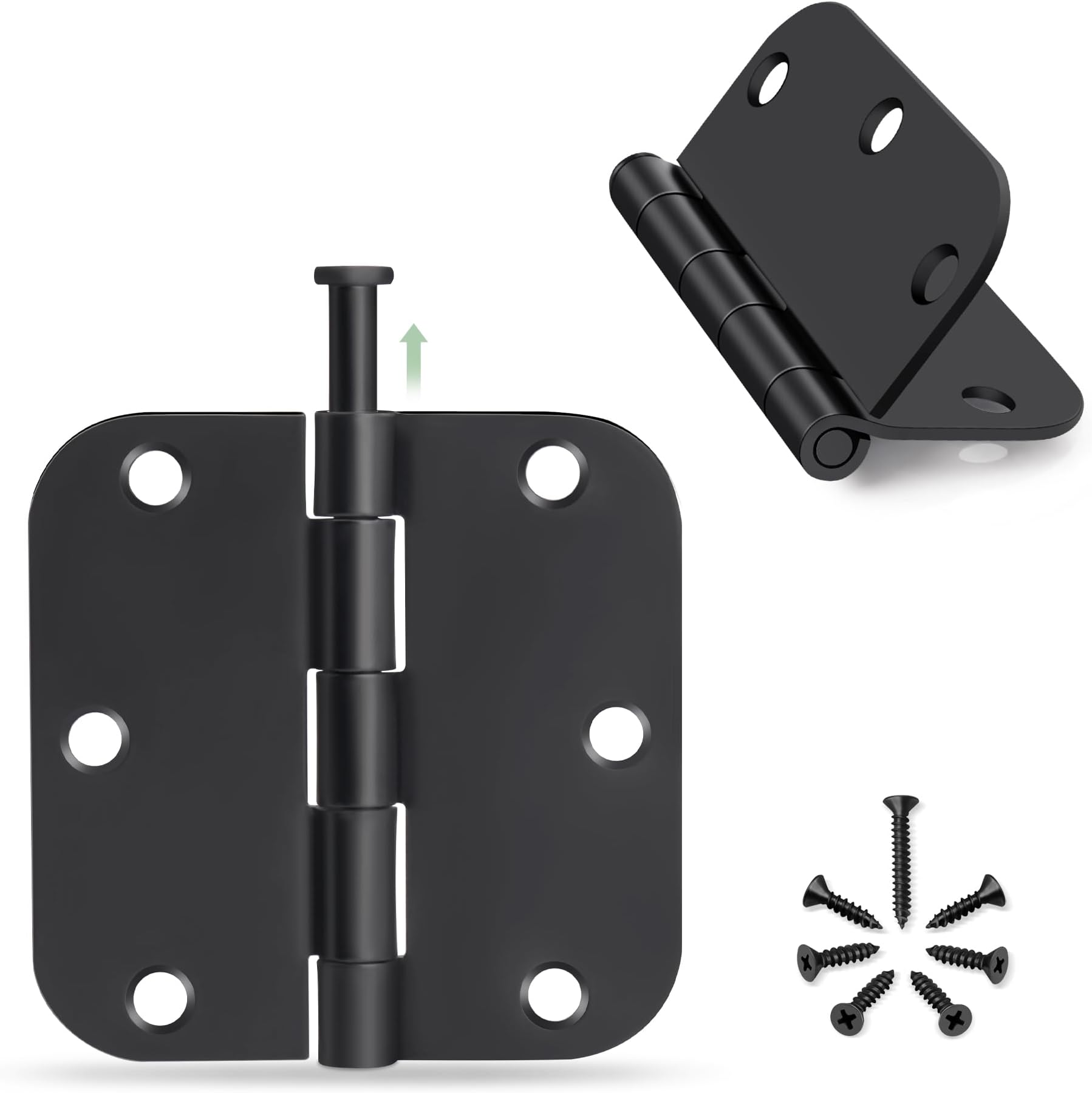 Moquin 12 Pack Noiseless Rounded Door Hinges, 3.5 x 3.5 Inch Door Hinges Hardware with 5/8" Radius Corners and Removable Pin, Matte Black 3 1/2 Folding Flat Iron Interior Door Hinges