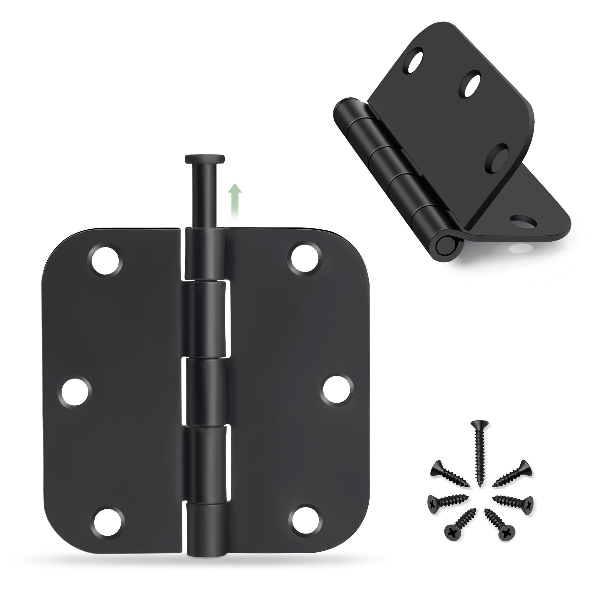 Moquin 12 Pack Noiseless Rounded Door Hinges, 3.5 x 3.5 Inch Door Hinges Hardware with 5/8" Radius Corners and Removable Pin, Matte Black 3 1/2 Folding Flat Iron Interior Door Hinges
