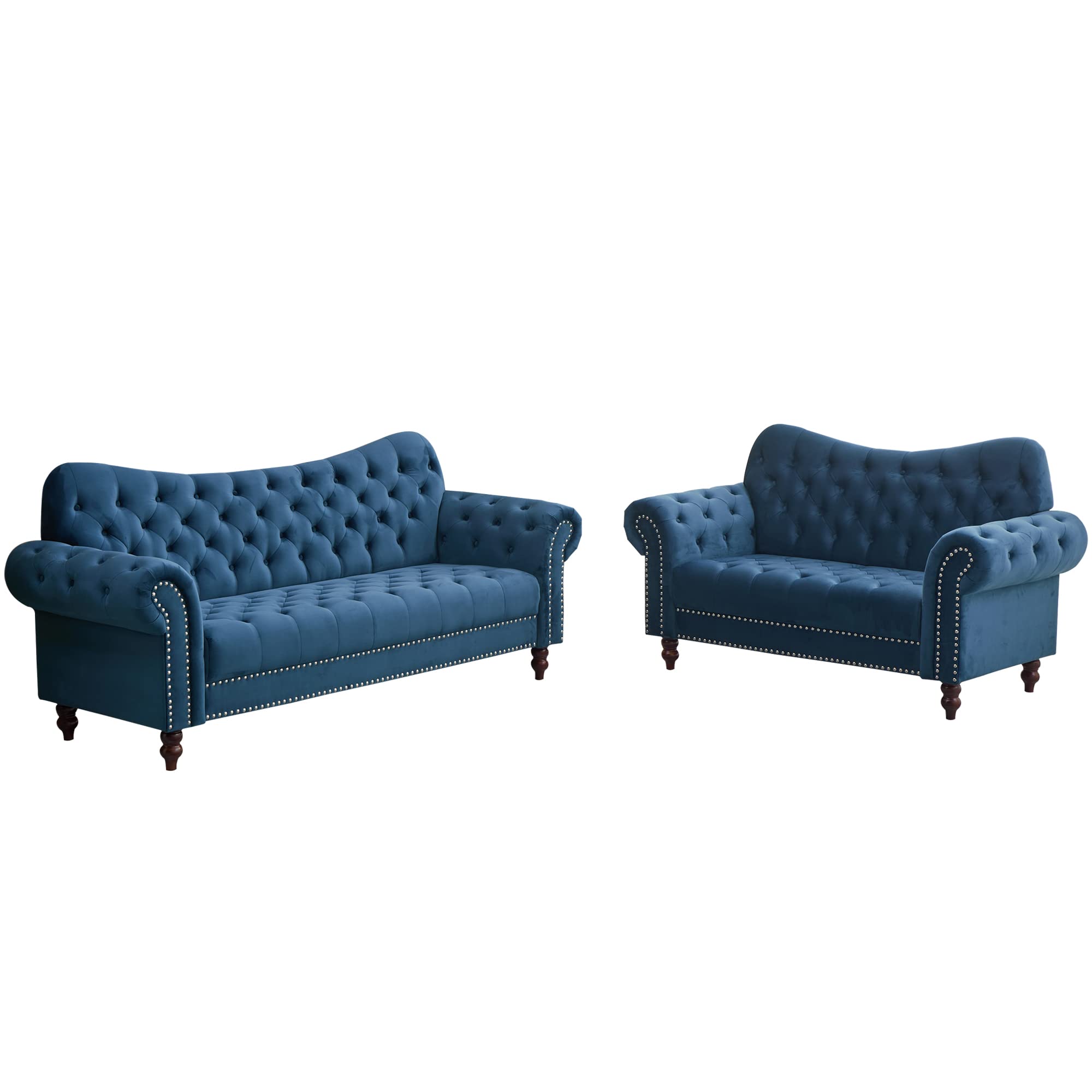 INSTORY Velvet Sofa Set Traditional Loveseat & Sofa Set 2 Piece Tufted Couch Set with Wooden Legs for Living Room, Office - Blue