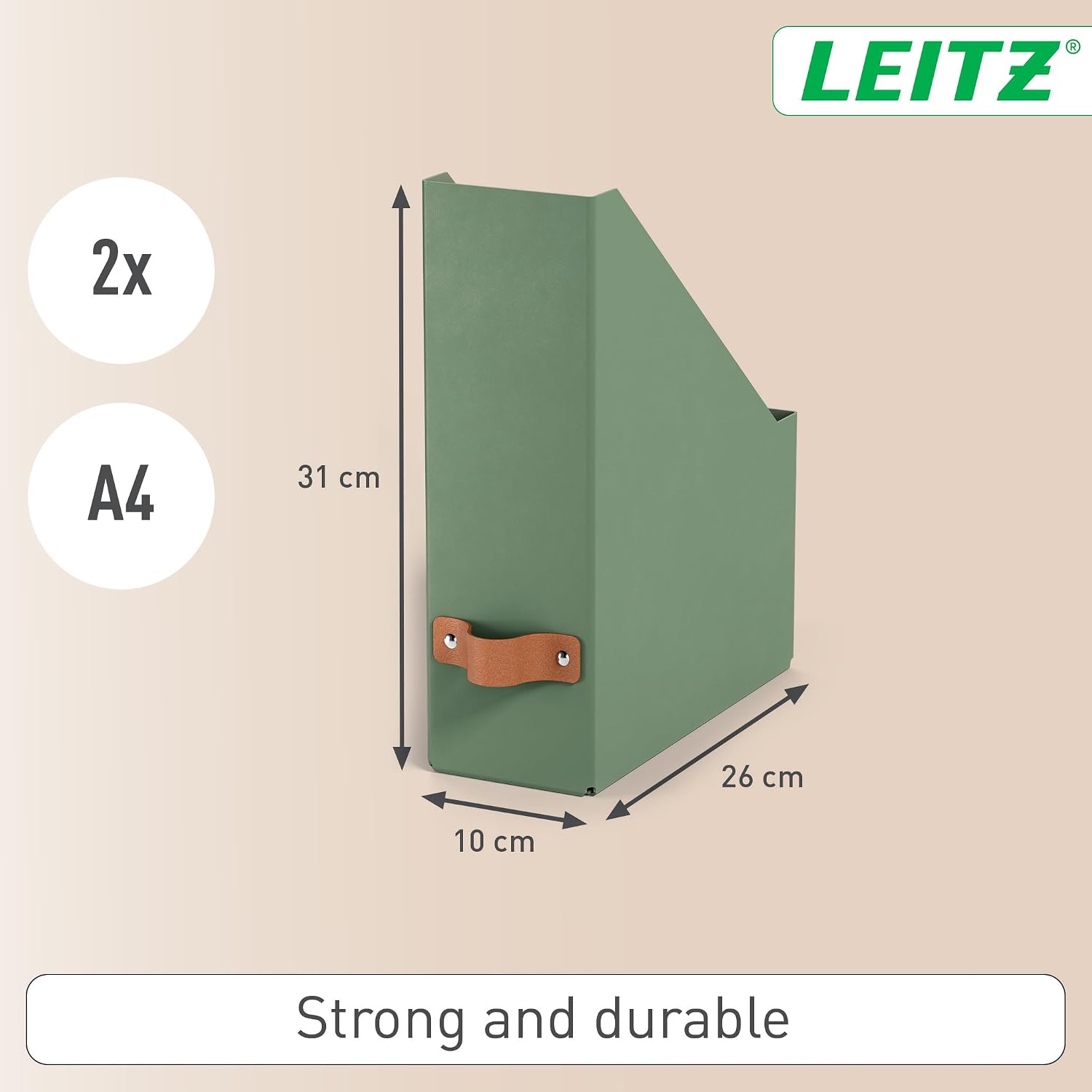 Leitz Puro Magazine File - Set of 2 Durable A4 Magazine Holders, Compatible with Cube Units and Storage Shelves, Holds 900 sheets (80gsm), Desk Organiser for Office & Home, 10 x 26 x 31cm, Sage Green
