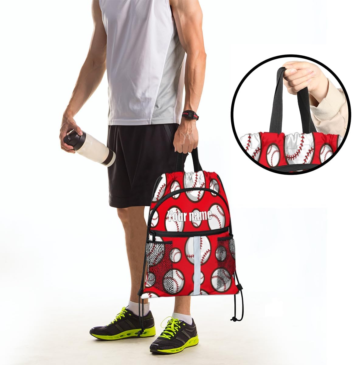 Personalized Drawstring Backpack Baseball Red String Backpack Lightweight Cinch Sacks Backpack with Shoe Compartment Men Women Custom Gift Bag for Camping Beach Swim Yoga