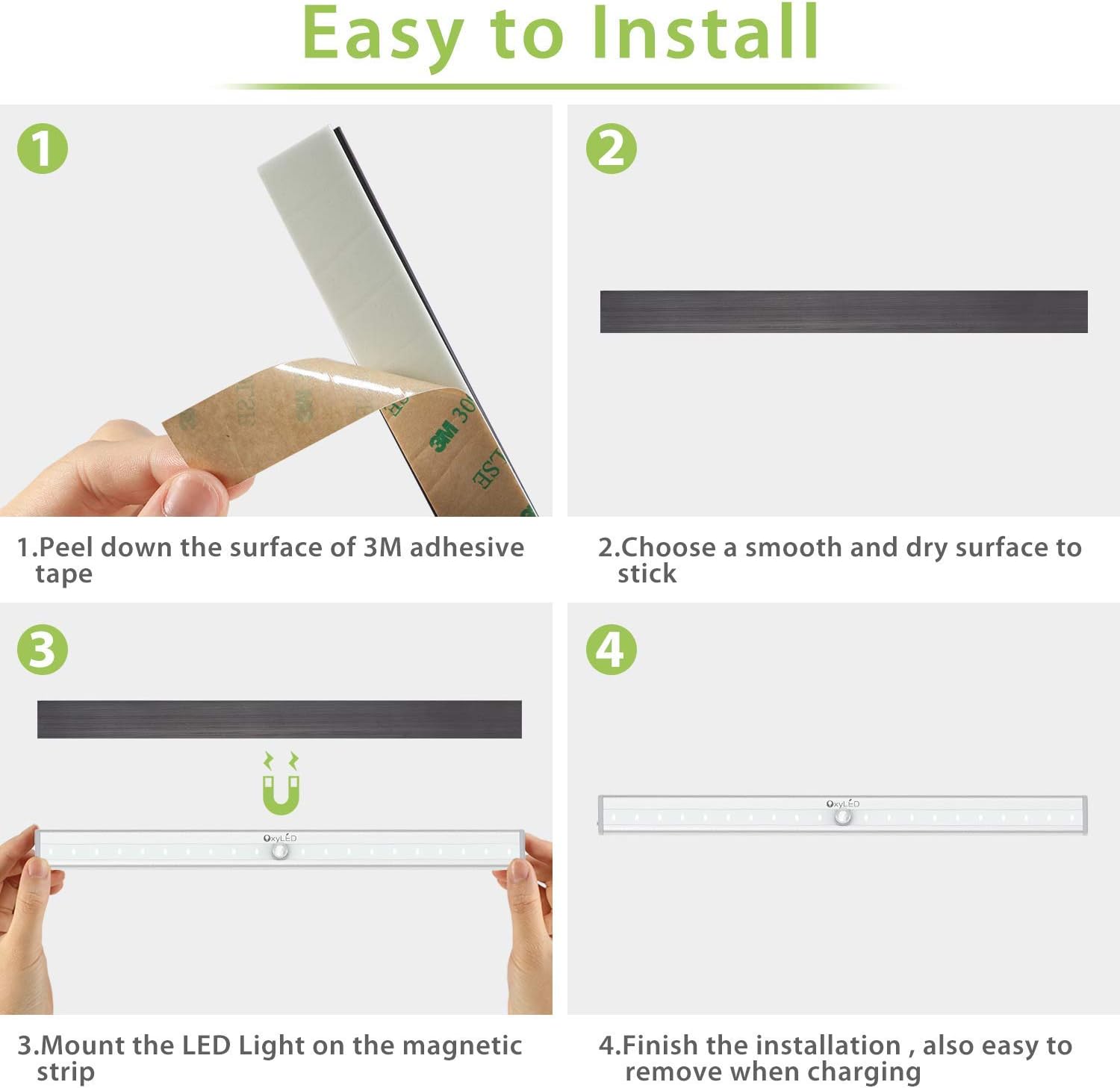 Under Cabinet Lighting, Motion Sensor Closet Lights OxyLED 20 LED USB Rechargeable Under Cabinet Lights Wireless Under Counter Lighting, Motion Led Light Bar for Closet, Cabinet (T-02S, 3 Pack)